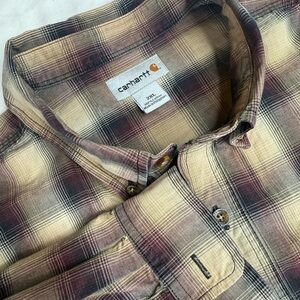 Carhartt Men's Plaid Cotton Button-Down Shirt Beige Brown Black 2XL Long Sleeve